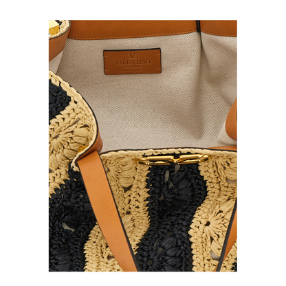 VLogo Signature Medium Synthetic Raffia Shopping Bag - Natural/Black - Image 3