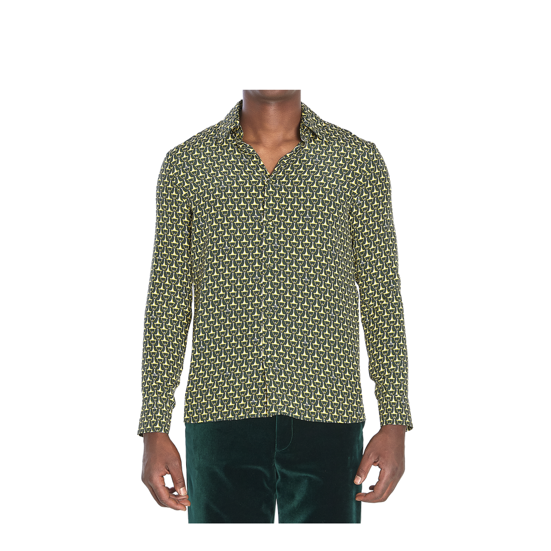 Crêpe de Chine Silk Shirt in Dark Green and Gold - Image 1