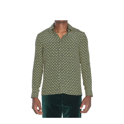 Crêpe de Chine Silk Shirt in Dark Green and Gold - Image 1