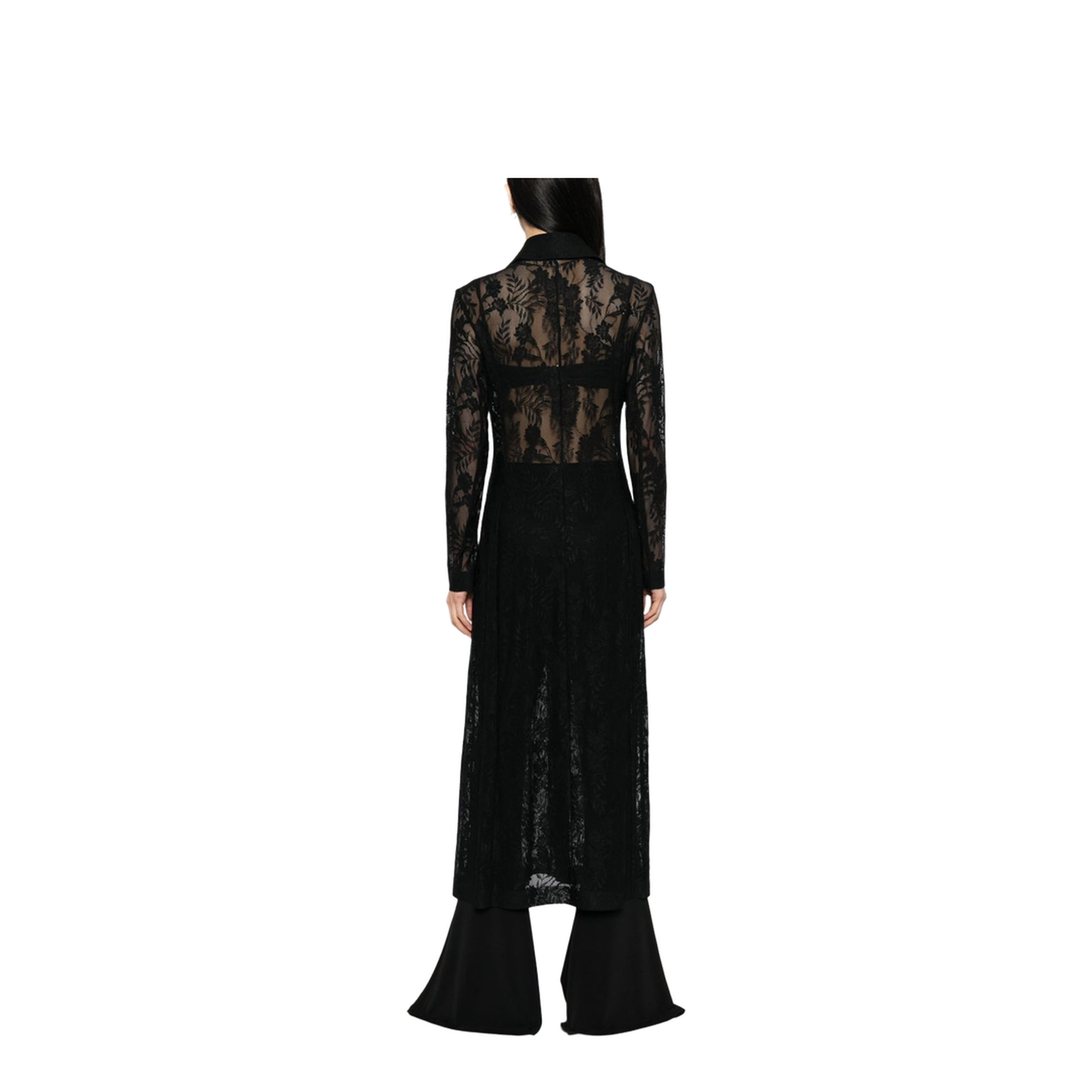 Black Open Front Floral-Lace Detailing Long Coat - Image 5