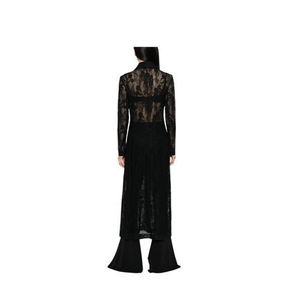 Black Open Front Floral-Lace Detailing Long Coat - Image 5
