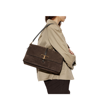 T Timeless Suede Leather Shoulder Bag - Brown - Image 3