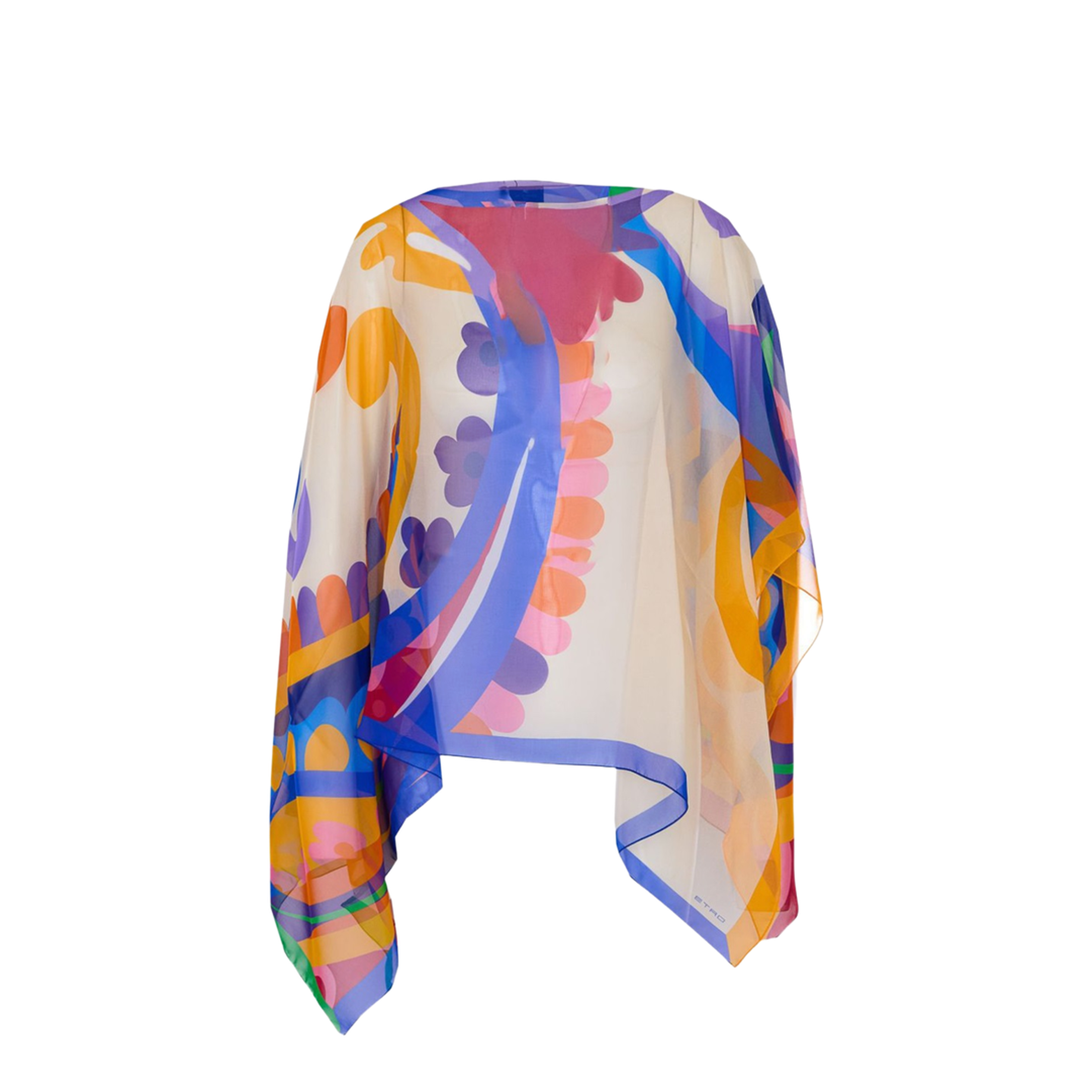 White Georgette Oversized Paisley-Print Asymmetric Poncho - Image 1