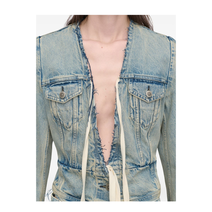 Light Blue Cotton Denim Jacket With V-Neck - Image 5