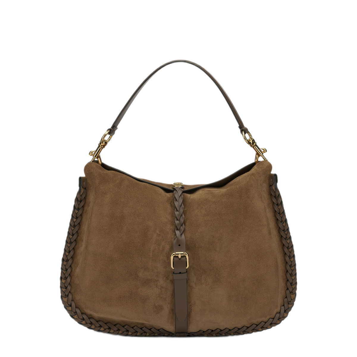 Pony with Threading Maxi Suede Shoulder Bags - Brown - Image 1