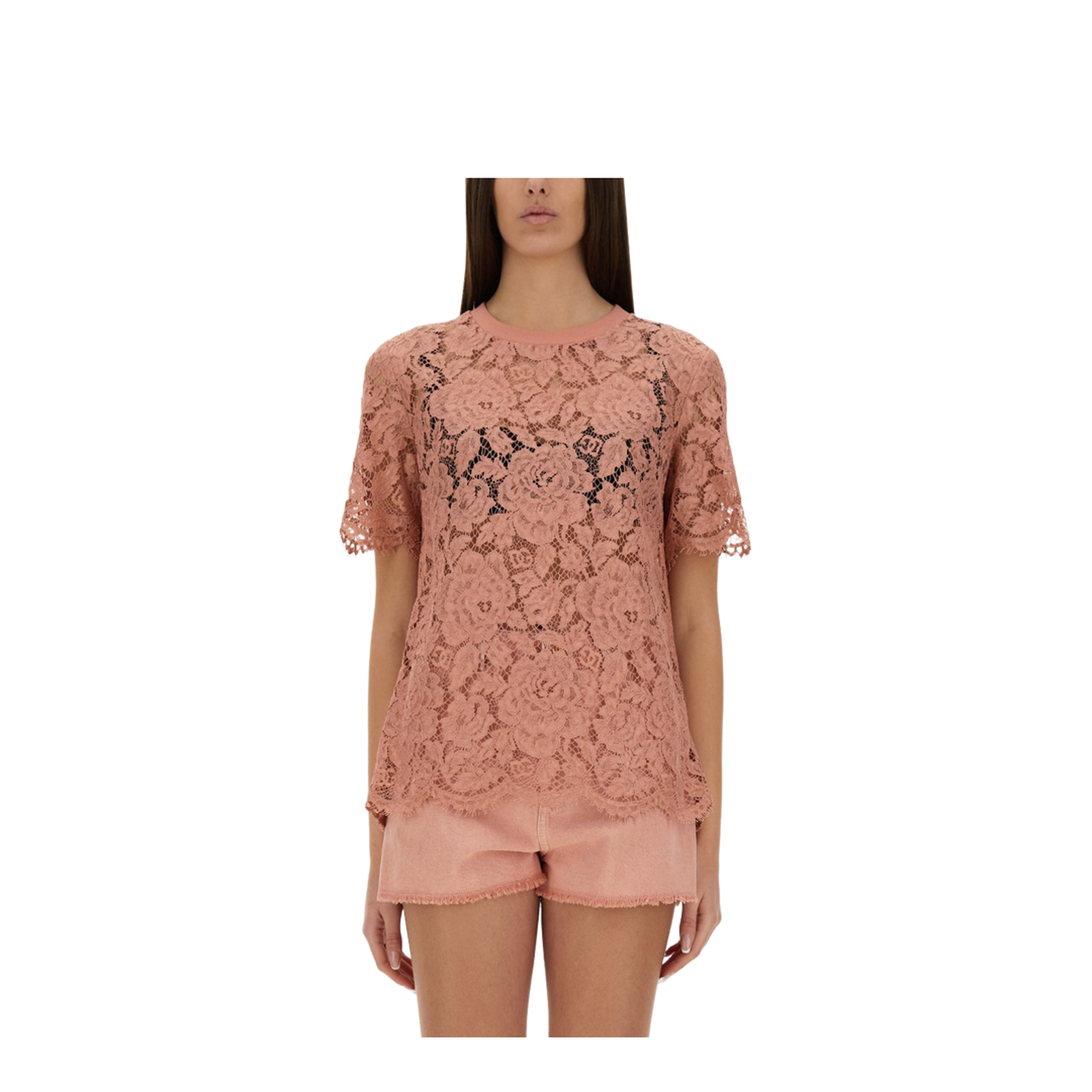 Short-sleeved Cordonetto Lace T-shirt in Pink - Image 1