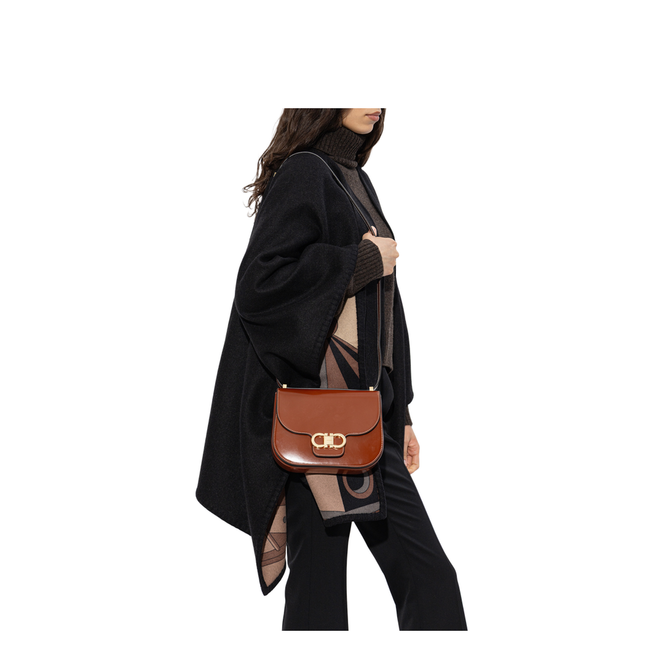 Double Gancini Hammered Calfskin Crossbody - Dark Cognac - Image 2
