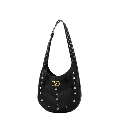 Hoboho Nappa Leather Hobo Bag With Chevron Pattern And Studs Black - Image 2