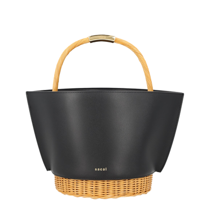 Leather Crossbody Bag With Raffia Details - Black - Image 1