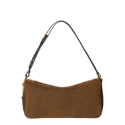 Half Horsebit Large Suede Shoulder Bag - Brown - Image 4