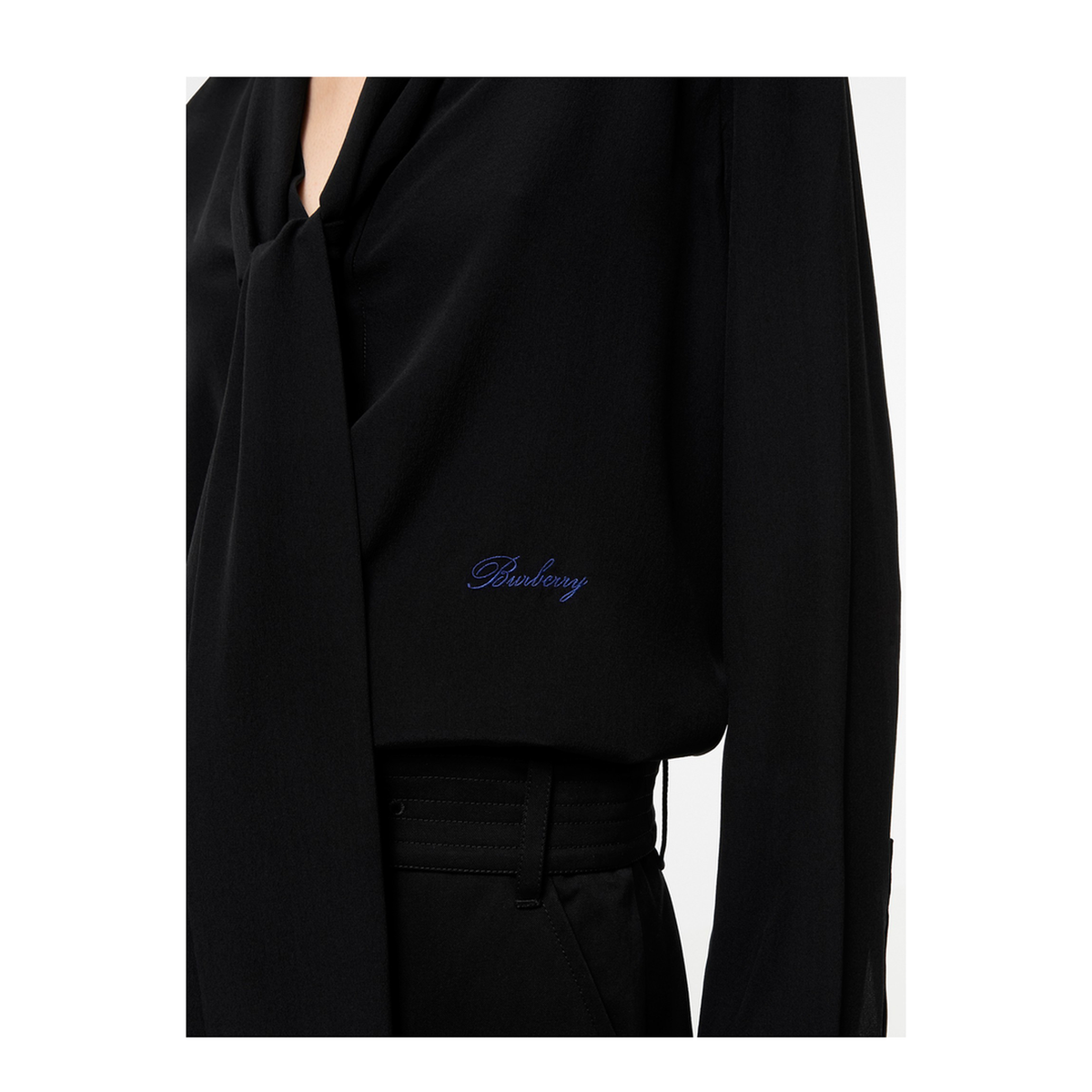 Silk Blouse With Embroidered Logo And Scarf Detail - Image 3
