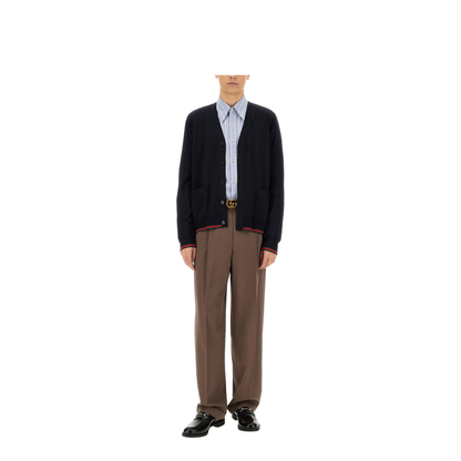 Wool Knit Cardigan with Web in Dark Blue - Image 2