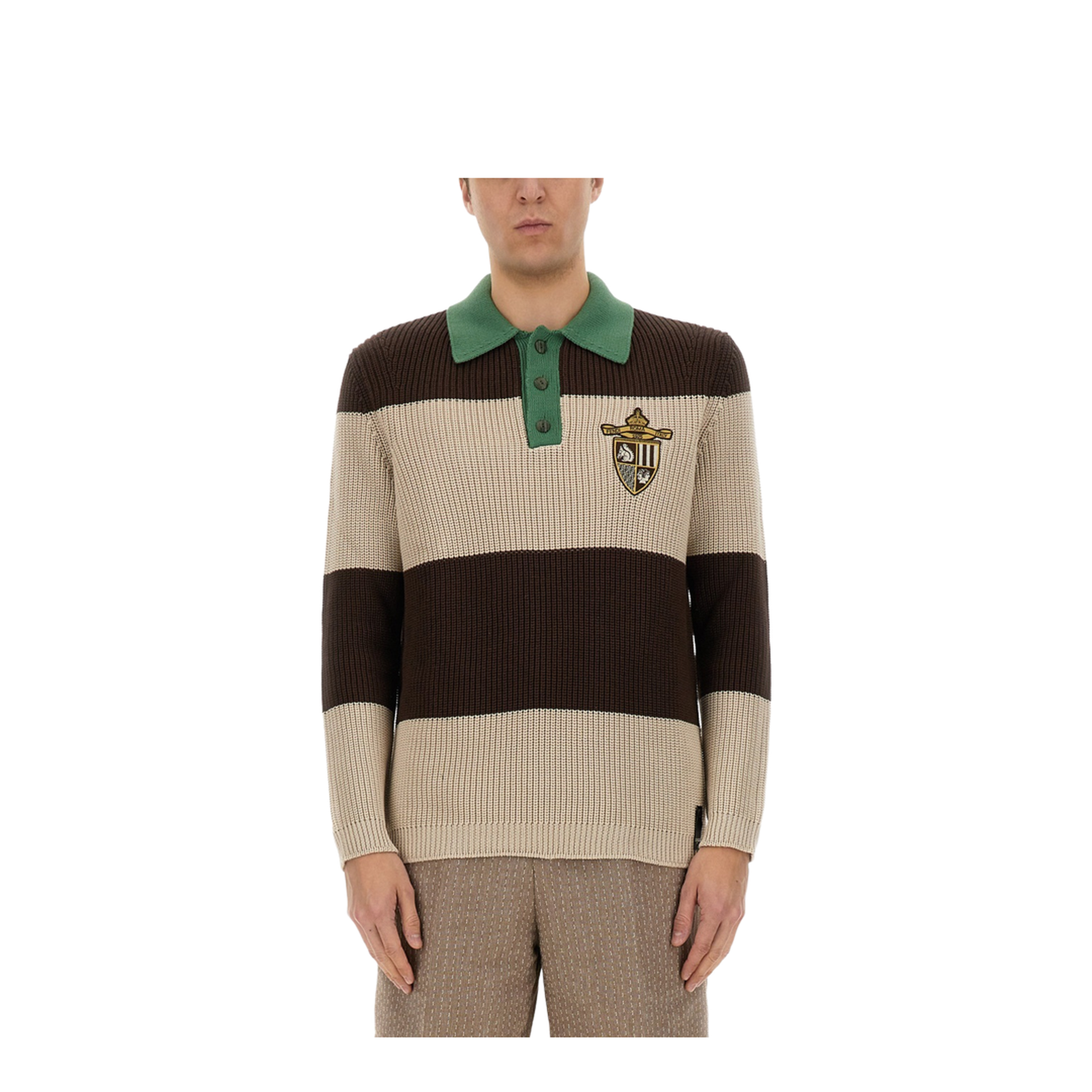 Knitted Cotton Polo Shirt with Brown and Beige Stripes - Image 1
