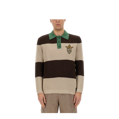 Knitted Cotton Polo Shirt with Brown and Beige Stripes - Image 1