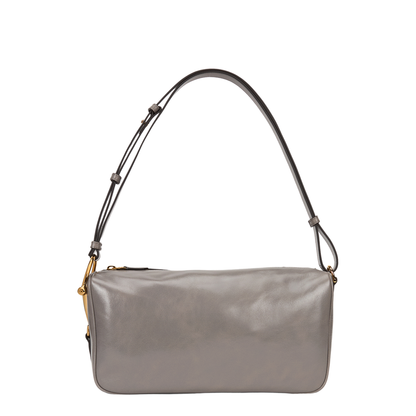 Half Horsebit Medium Soft Glossy Leather Shoulder Bag - Grey - Image 5