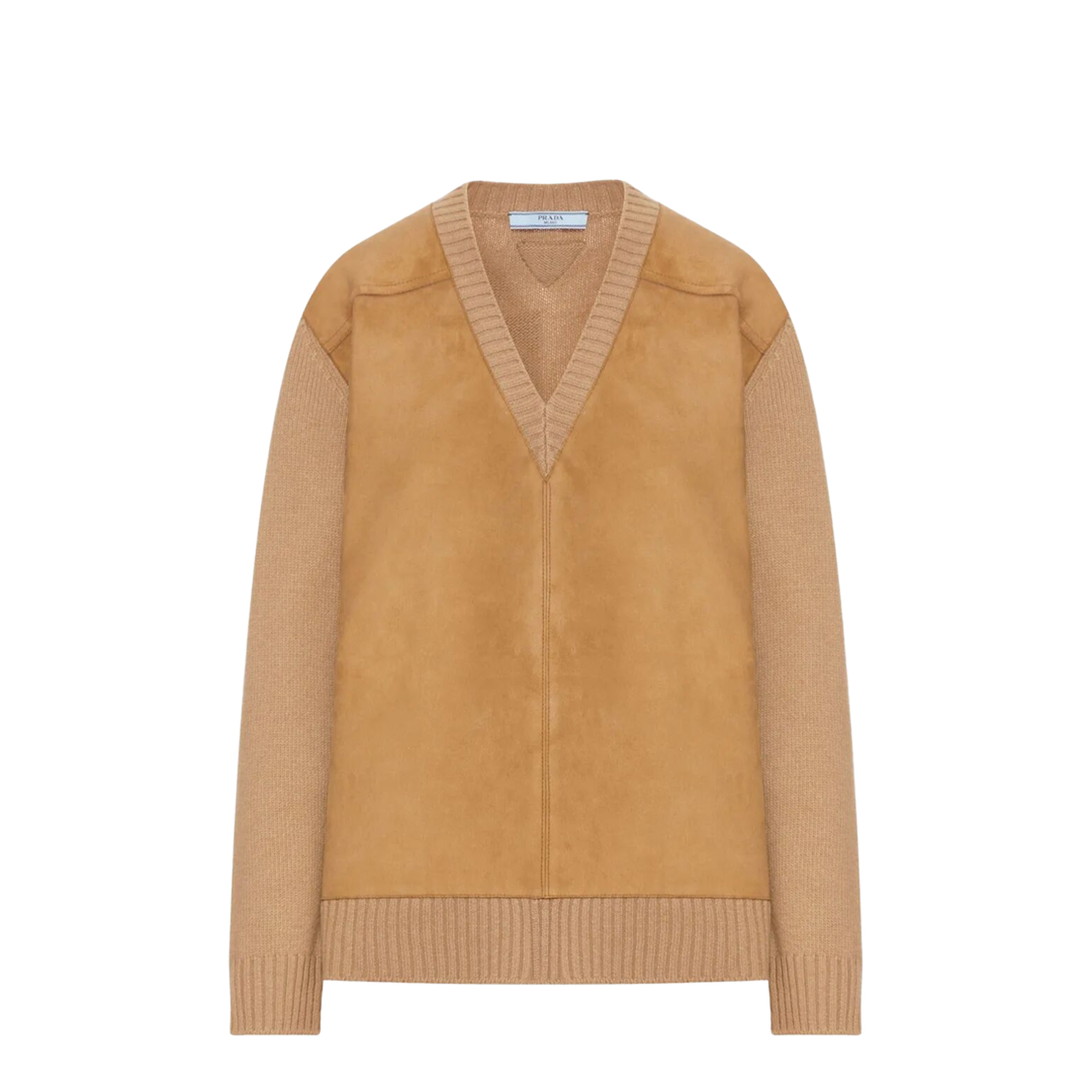 Suede-Panel V-Neck Wool Sweater - Image 1