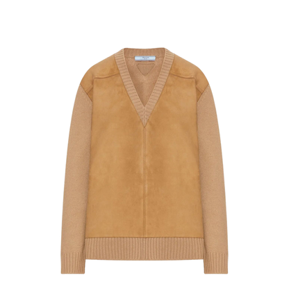Suede-Panel V-Neck Wool Sweater - Image 1