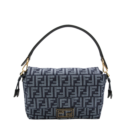 Mamma Baguette Medium Denim-Effect FF Jacquard Shoulder Bag - Dark Blue - Image 1