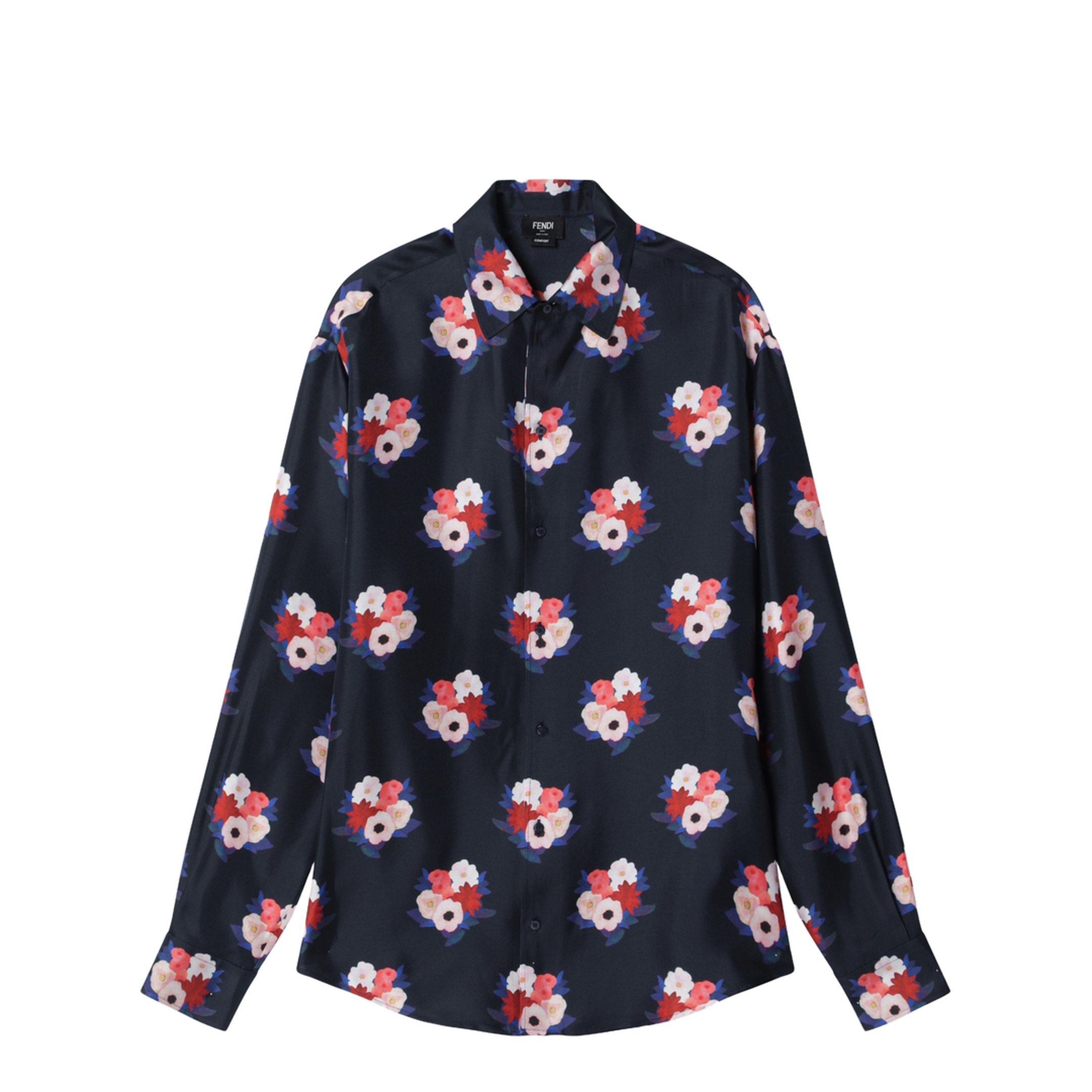 Dark Blue Satin Shirt with Floral Print - Image 1