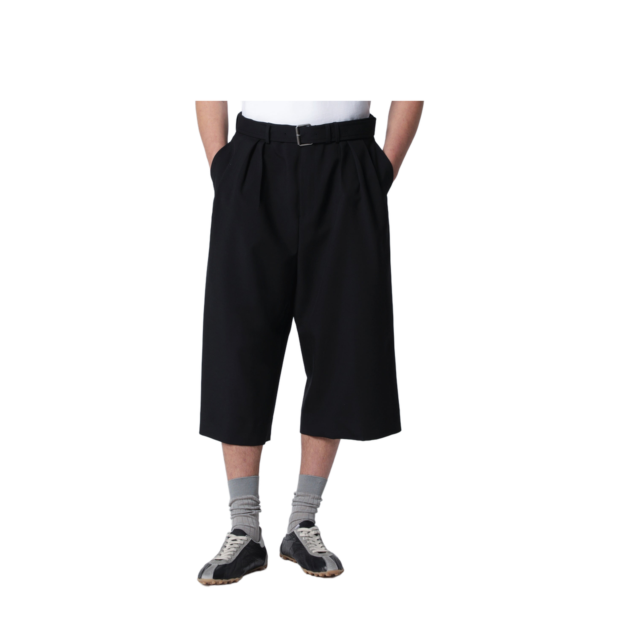 Black Cropped Wide Trousers in Wool Blend - Image 1