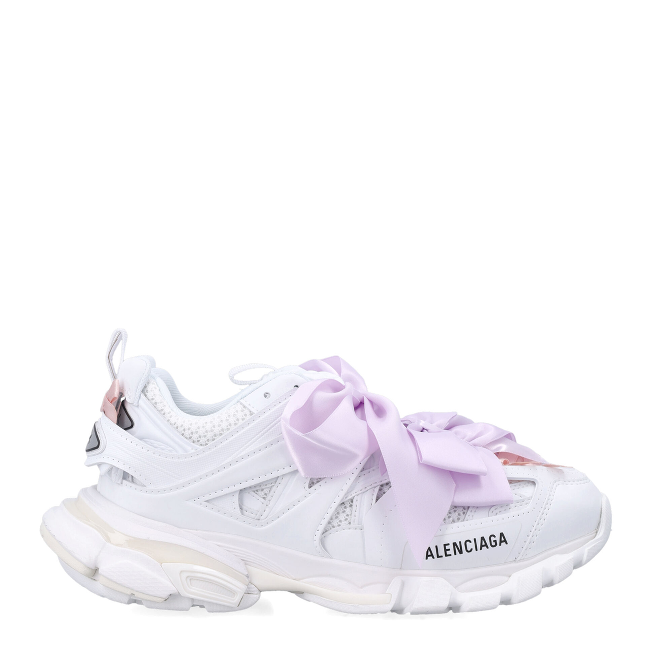 Track Bow Sneakers in Mixed Materials, White and Pink - Image 1