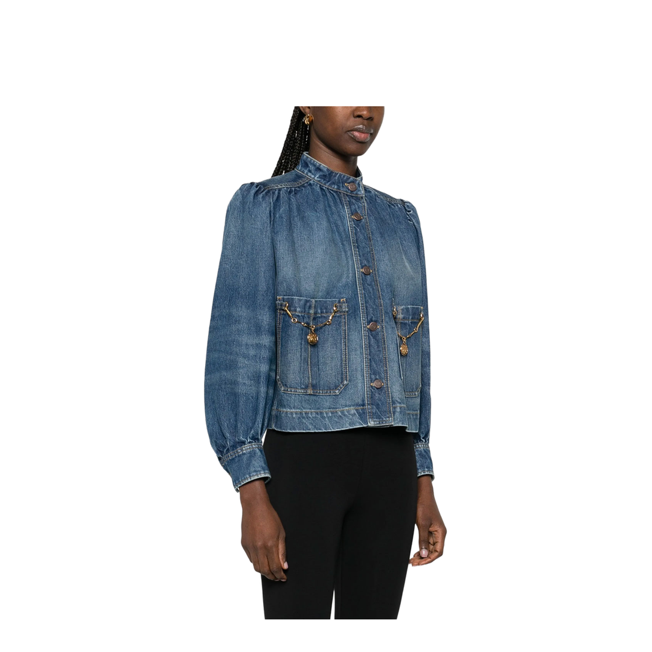 High-Neck Gathered Denim Jacket - Image 4