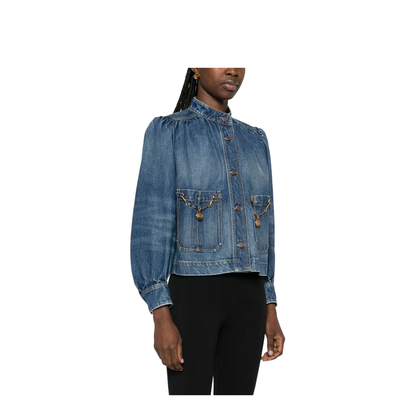 High-Neck Gathered Denim Jacket - Image 4