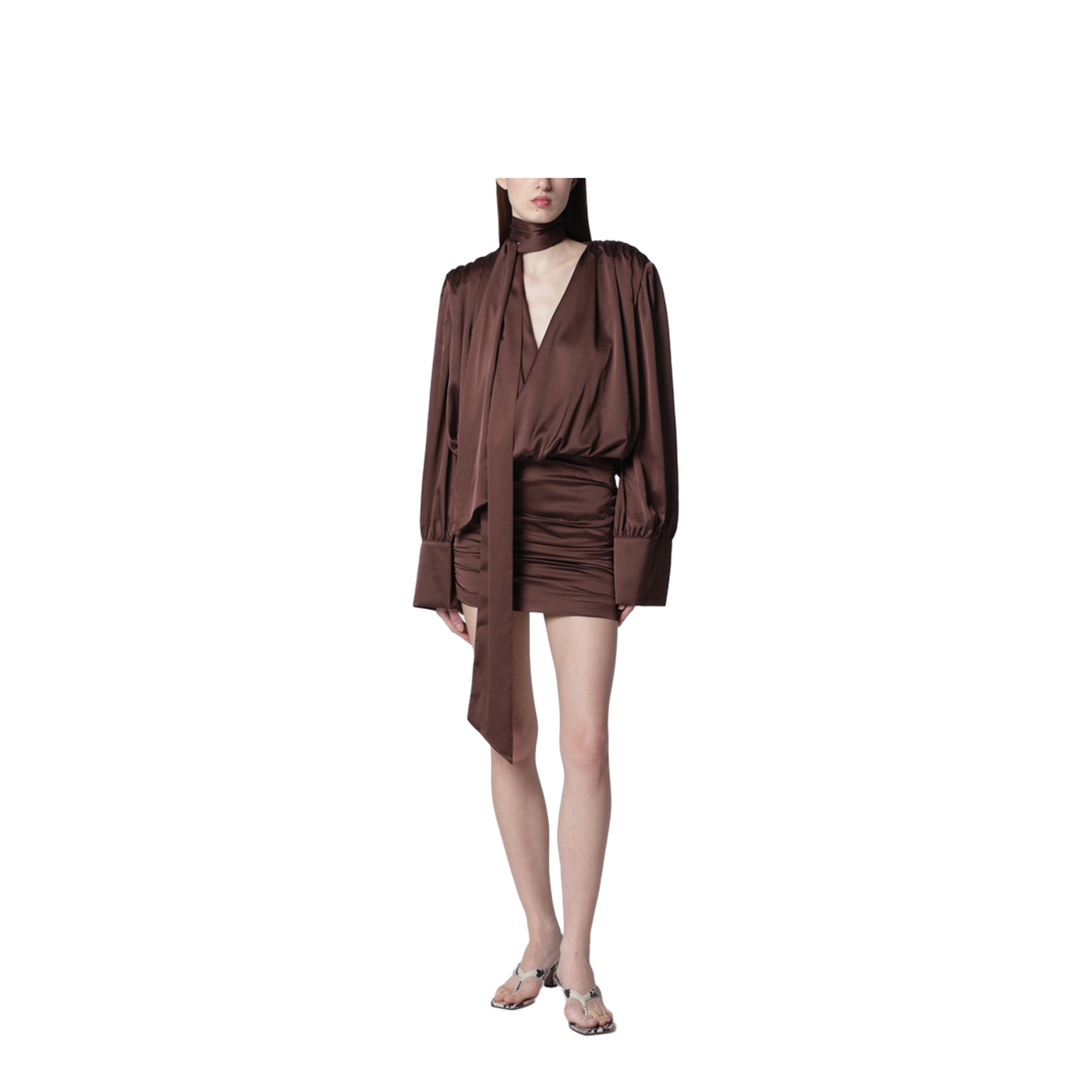 Short Chiffon Dress with Deep V-Neck and Bow, Brown - Image 1