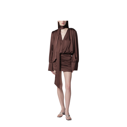 Short Chiffon Dress with Deep V-Neck and Bow, Brown - Image 1