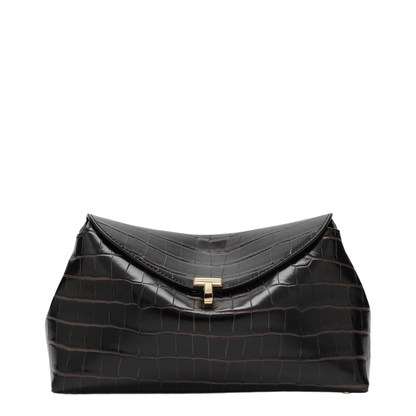 Brown T-lock Clutch in Crocodile-Embossed Leather - Image 1