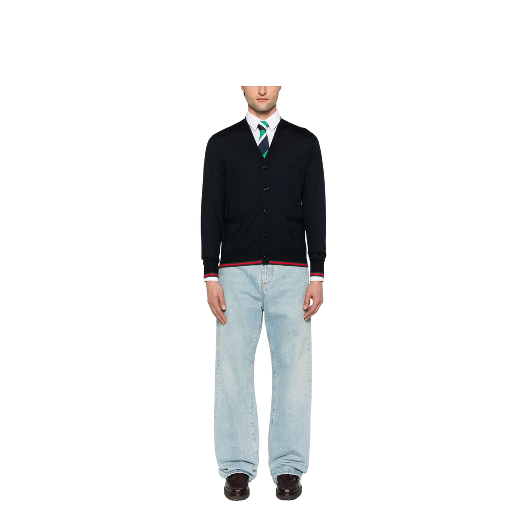 Wool Knit Cardigan with Web in Dark Blue - Image 2