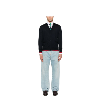 Wool Knit Cardigan with Web in Dark Blue - Image 2