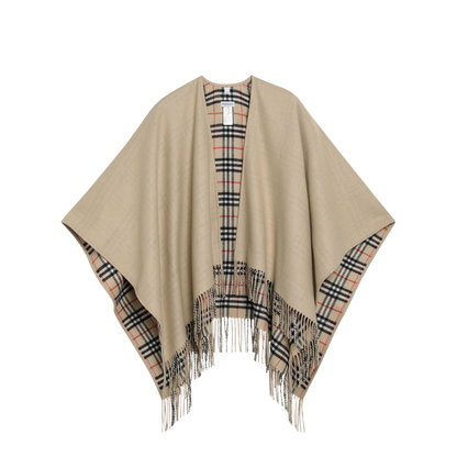 Reversible Wool Check Cape with Fringes in Sand Beige - Image 1