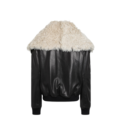 Black leather bomber jacket with shearling collar - Image 2