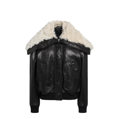 Black leather bomber jacket with shearling collar - Image 1