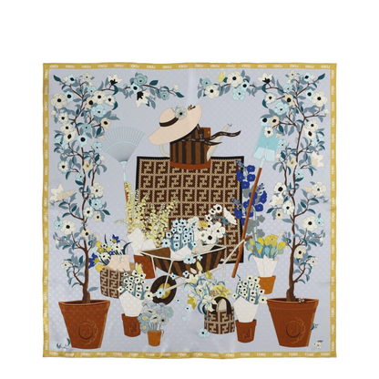 Gardening Light Blue Multicoloured Silk Foulard - Image 1