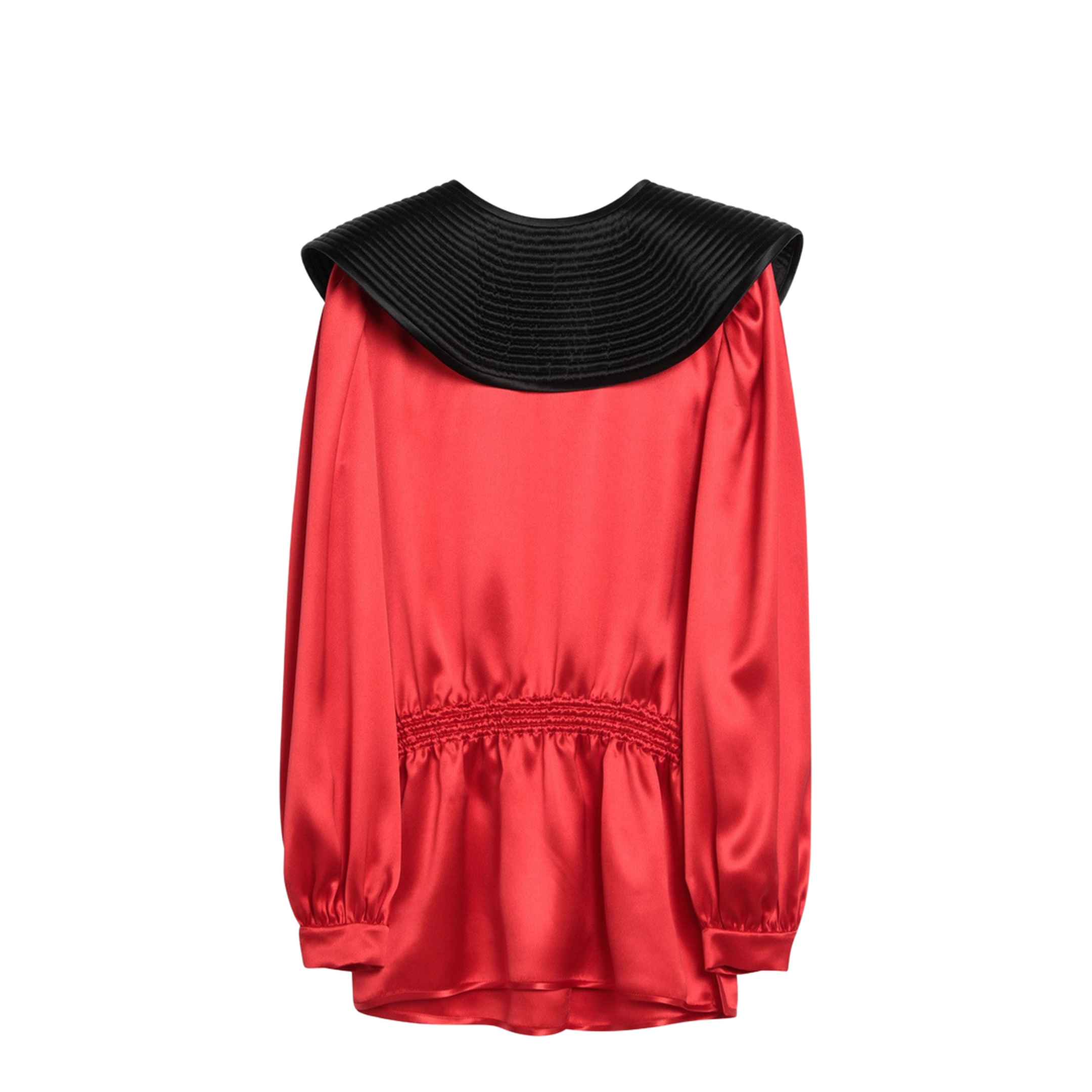 Red Silk Blouse with Black Collar - Image 1