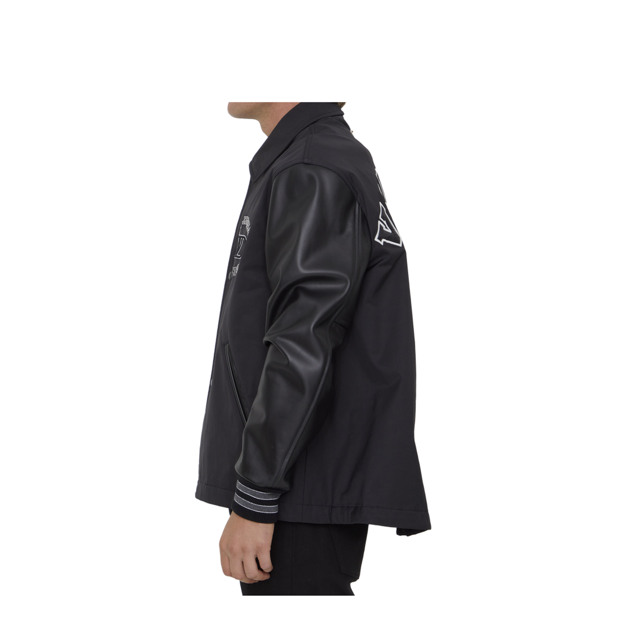 Black Leather Sleeves Nylon Bomber - Image 3