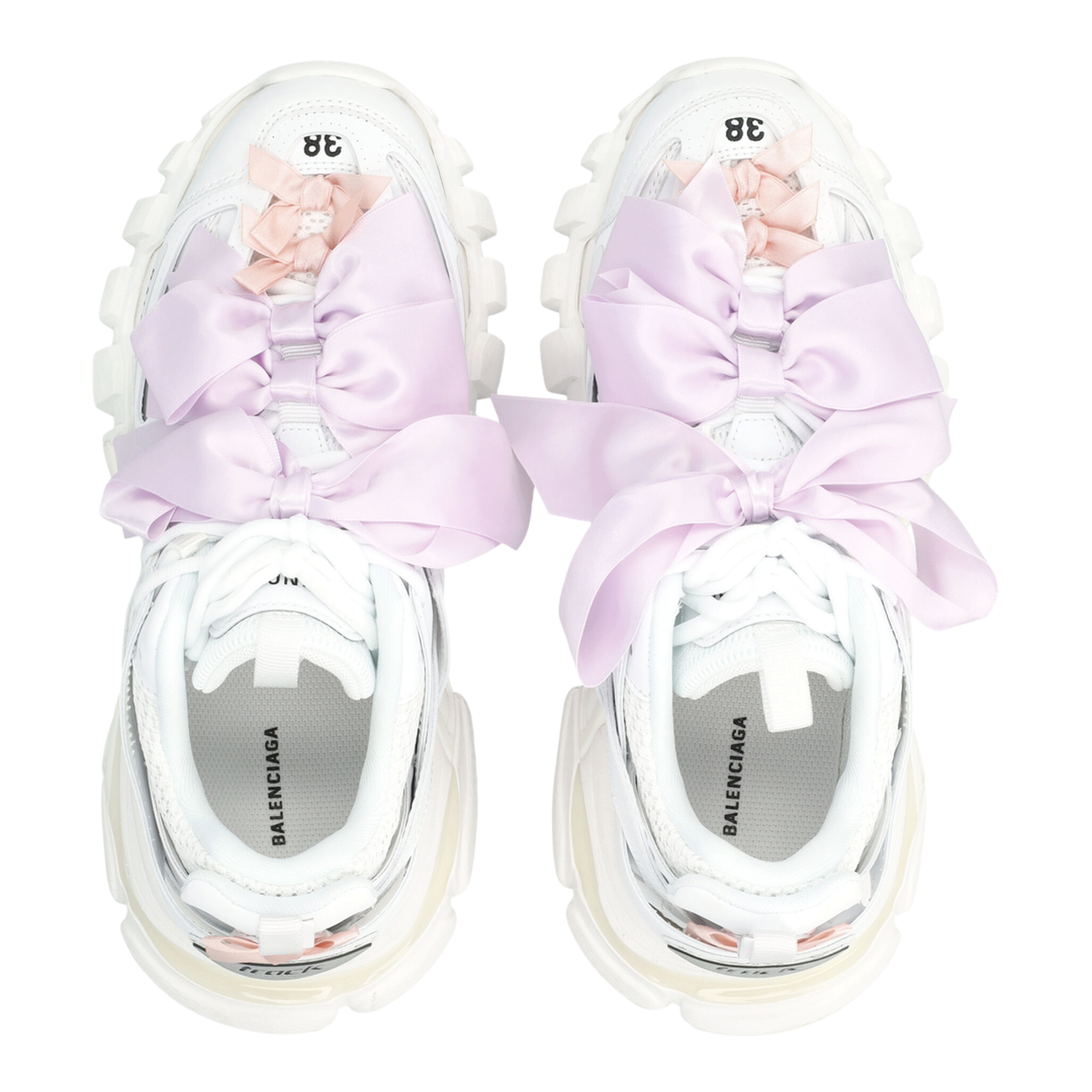 Track Bow Sneakers in Mixed Materials, White and Pink - Image 2