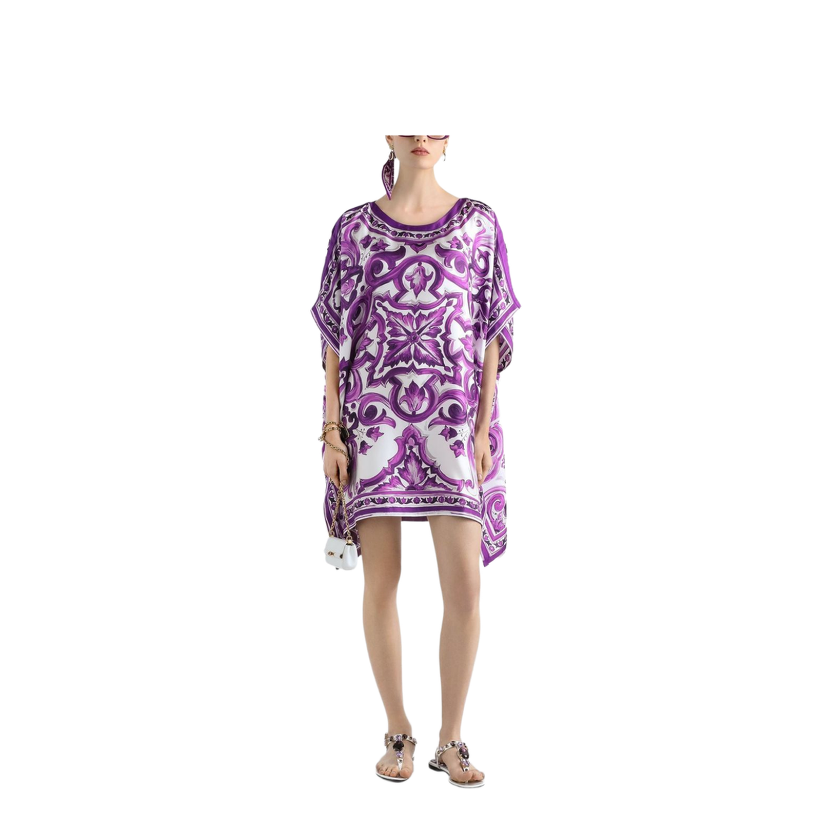 Lavender Purple Round Neck Short Sleeves Flared Hem Thigh-Length Dress - Image 2