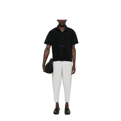 Black Pleated Texture Short Sleeves Button Fastening Straight Hemline - Image 2