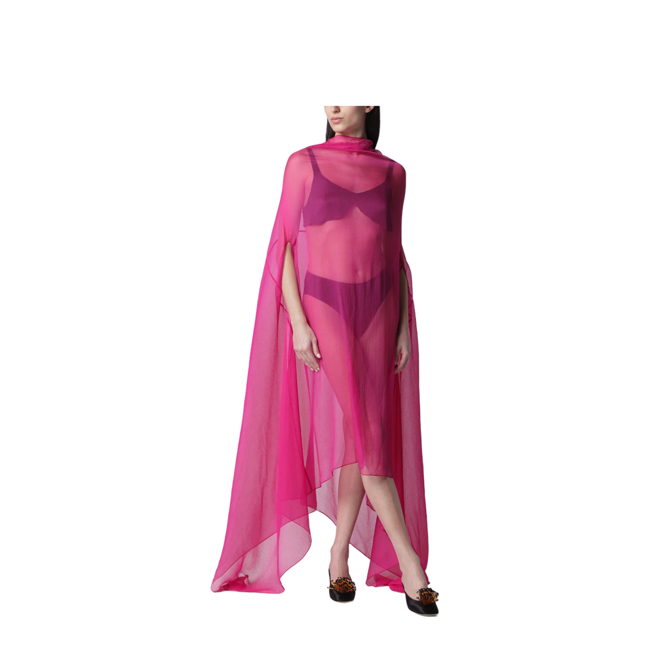 Wide Cape Dress Fuchsia in Sheer Silk - Image 1