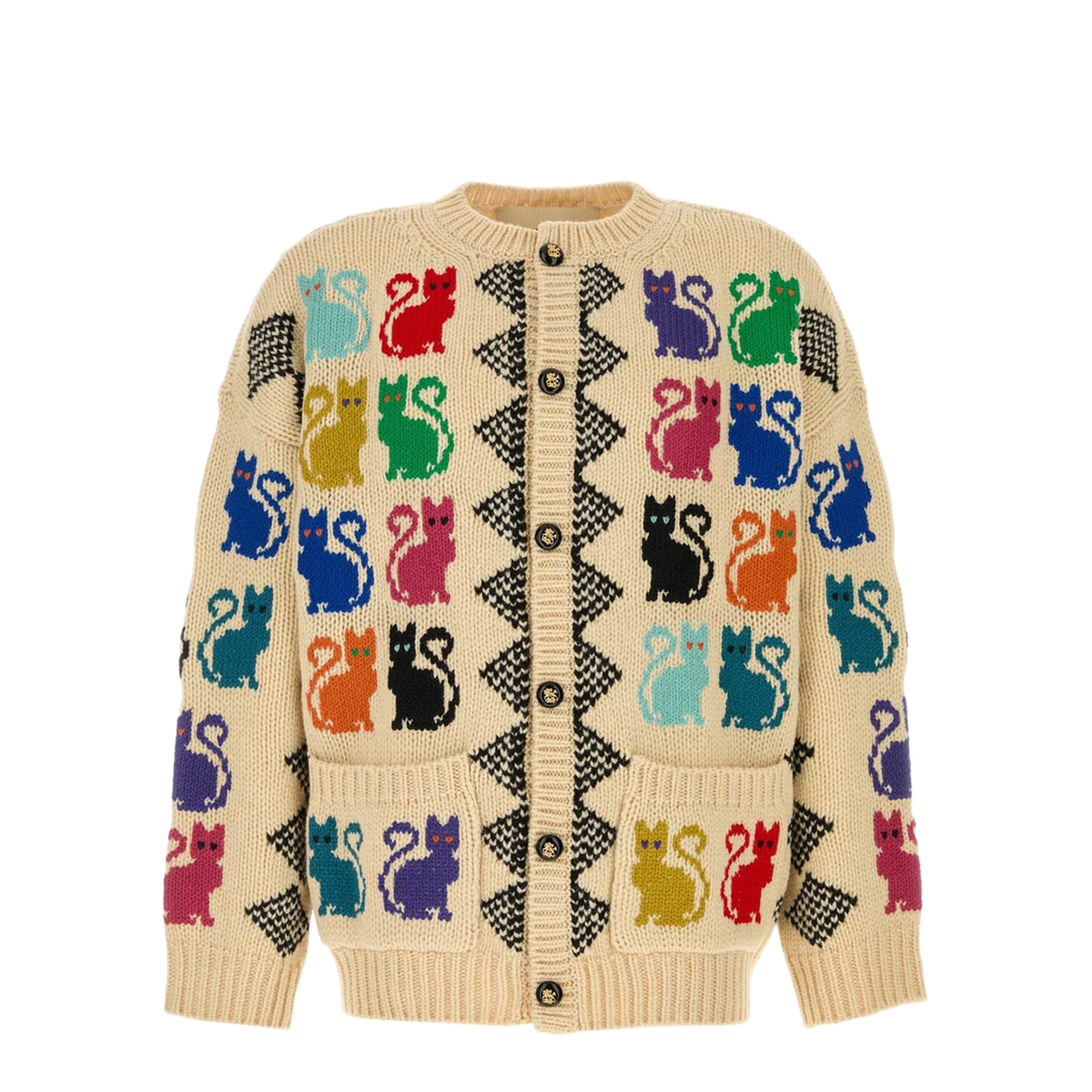 Cat Jacquard Pattern Wool Cardigan - Image 1
