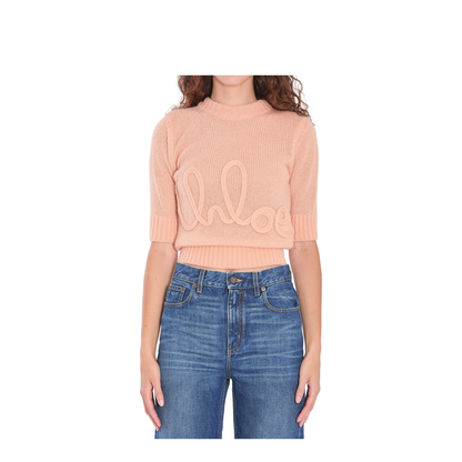 Elbow-Sleeve Logo Sweater in Alpaca Wool & Silk Knit - Image 1