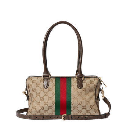 Borsetto Medium Boston Bag in Sand and Brown Canvas - Image 3