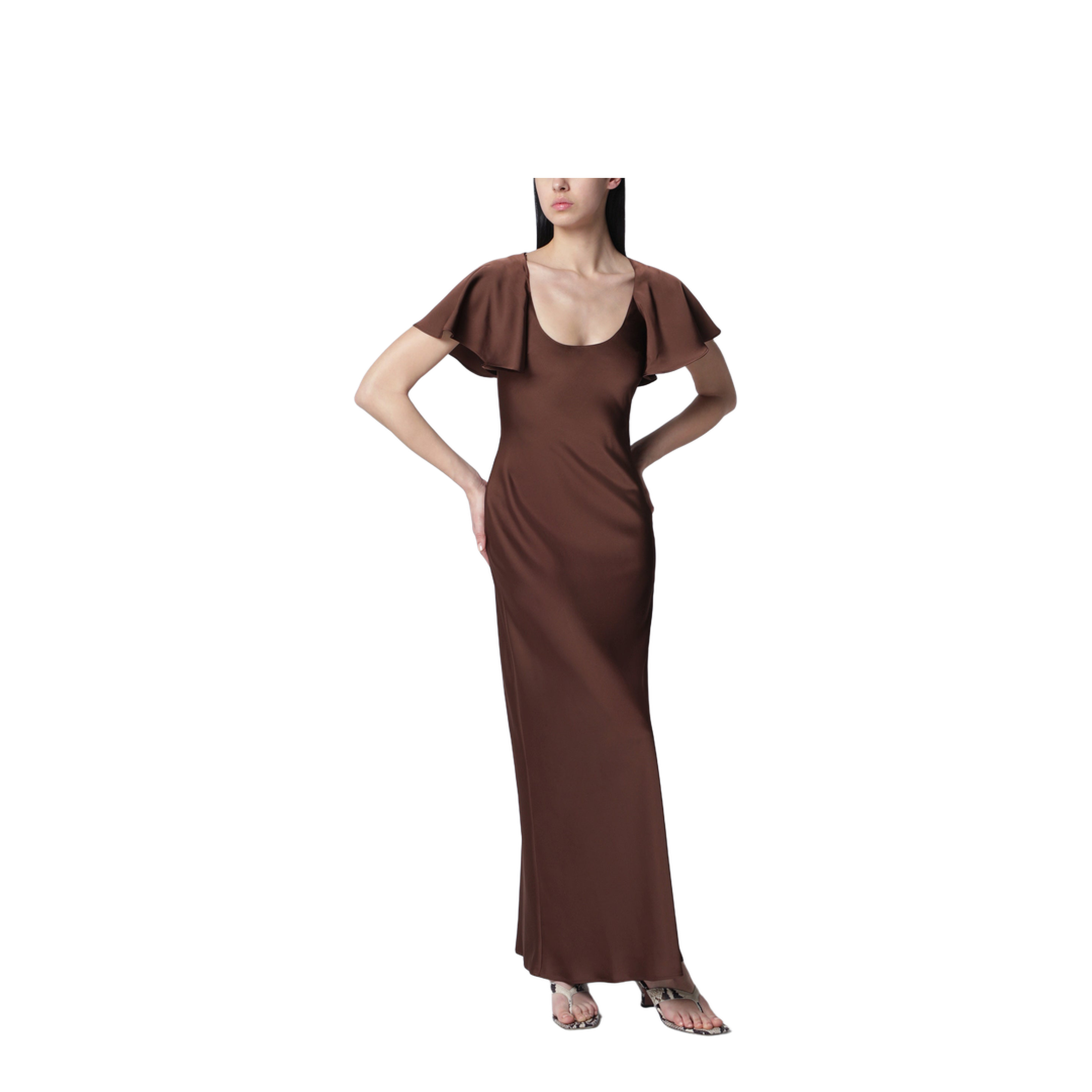 Long Satin Dress with Flutter Sleeves in Potting Soil - Image 1