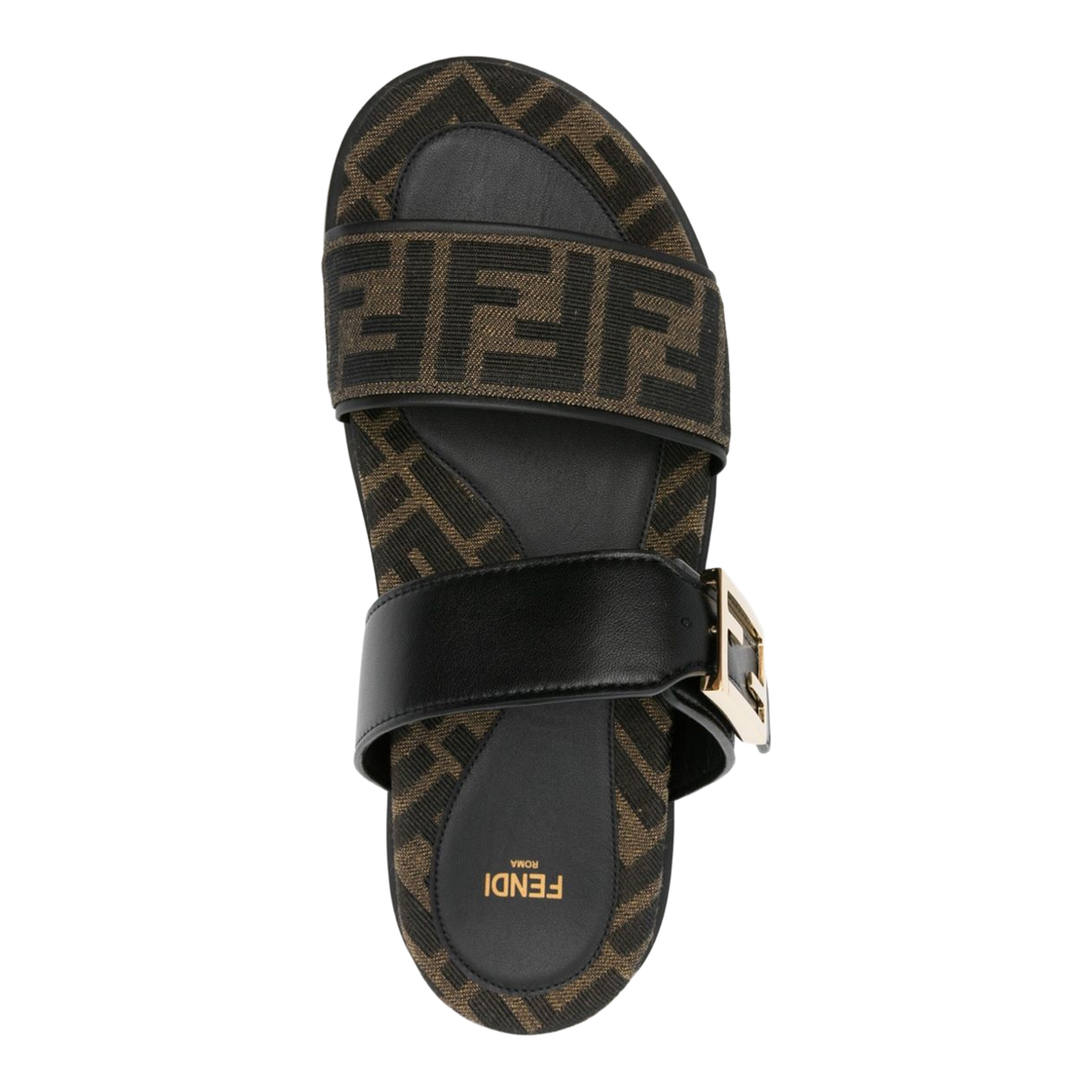 Black FF-Logo Pattern Double Strap Design Buckle Detail Flat Sole Leather Trim - Image 4