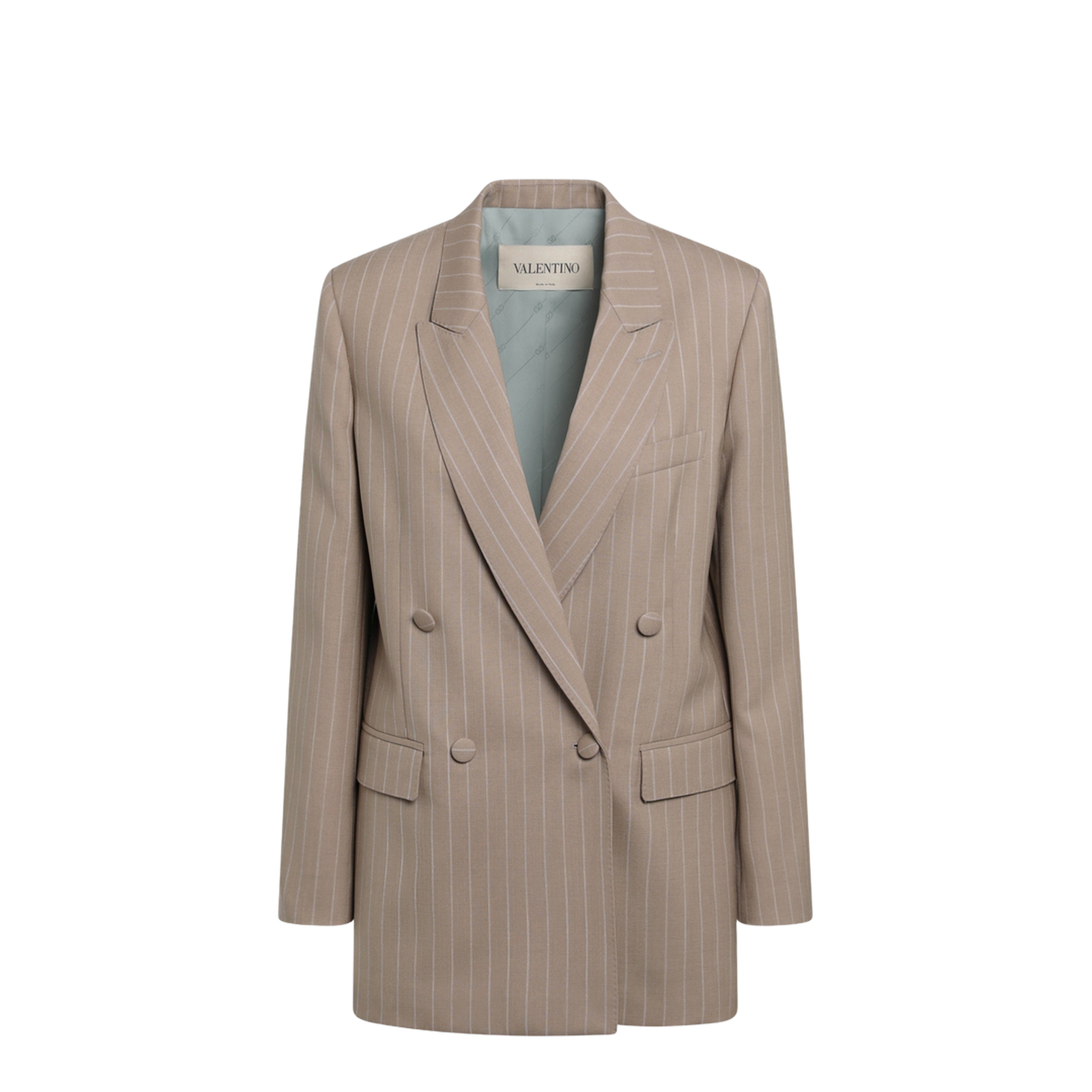 Double-Breasted Pinstripe Jacket in Mud/Ivory Virgin Wool - Image 1