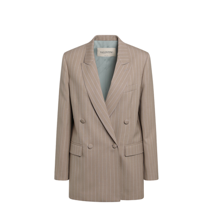 Double-Breasted Pinstripe Jacket in Mud/Ivory Virgin Wool - Image 1