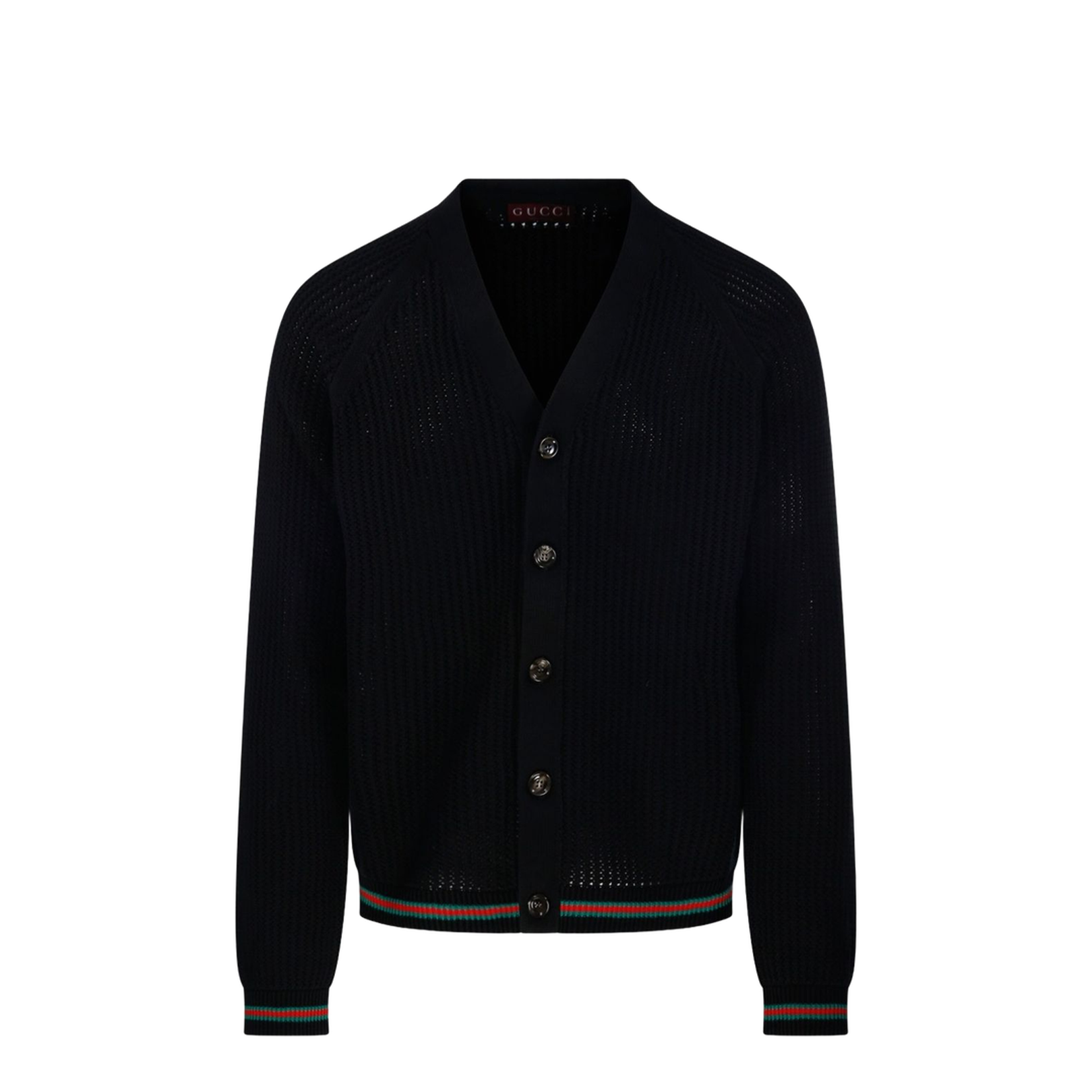 Cotton Knit Cardigan with Web in Black - Image 1